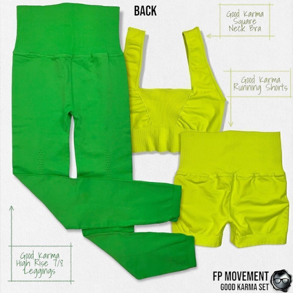 FP MOVEMENT GOOD KARMA SET: SQUARE NECK BRA + RUNNING SHORTS + LEGGINGS NEON NEW - Picture 3 of 16